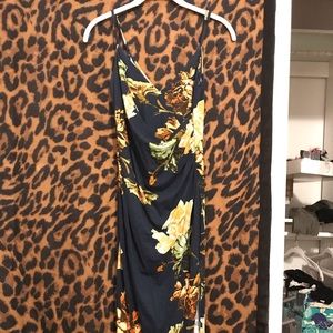 Floral Dress with Slit and swooped neck line